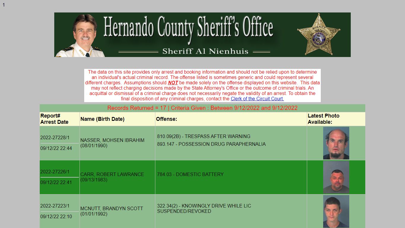 HCSO Arrests Public Records Results - hernandosheriff.org